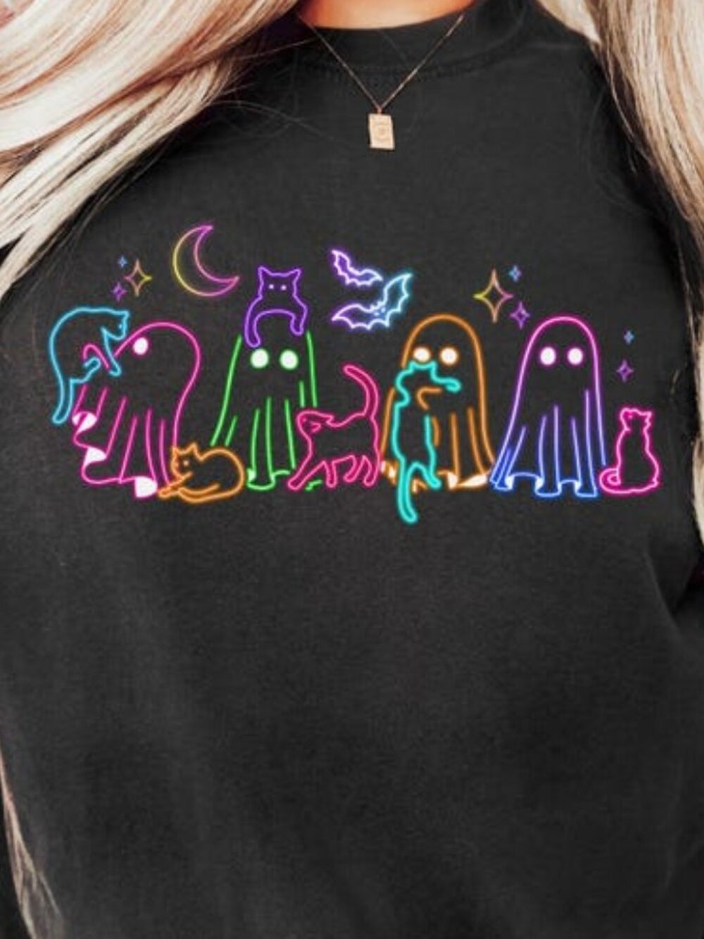 Neon Halloween Ghosts Cats T-shirt - Picture 2 of 4